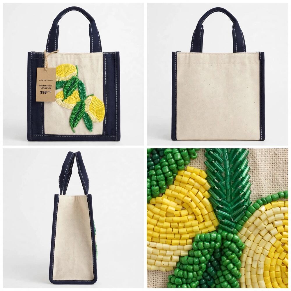 Anthropologie Beaded Lemon Canvas Tote Bag NWT Embellished Mini Shopper